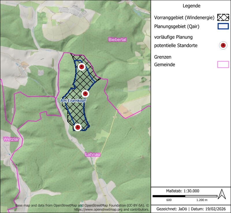 Landkarte mit Standorte Vorrang- bzw. Planungsgebiet